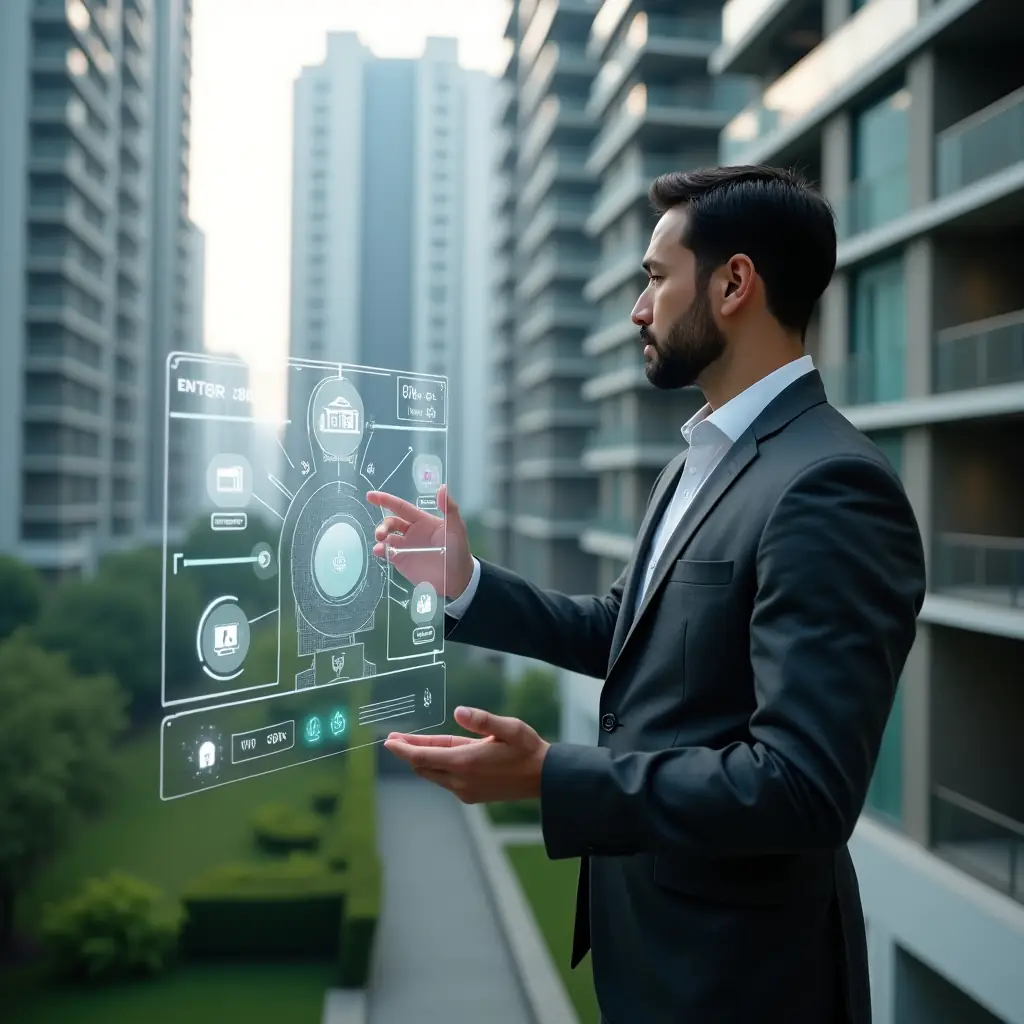 (Ultra-realistic condominium manager in a charcoal gray executive suit, set in a modern luxury condominium environment with high-rise buildings and green landscaping, confidently interacting with a floating holographic control panel illustrating smart building automation, subtle icons of sensors and energy metrics surrounding them, cinematic lighting, shallow depth of field, highly detailed textures, realistic skin, photographic realism, 8k resolution --ar 1:1 --v 6)