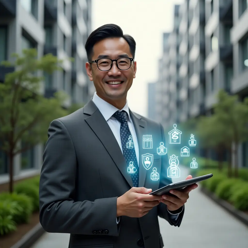 (Ultra-realistic condominium manager in a charcoal gray suit, set in a modern luxury condominium environment with high-rise buildings and green landscaping, holding a digital tablet projecting a holographic display of seven golden rule icons for peaceful community living, confident and welcoming expression, cinematic lighting, shallow depth of field, highly detailed textures, realistic skin, photographic realism, 8k resolution --ar 1:1 --v 6)