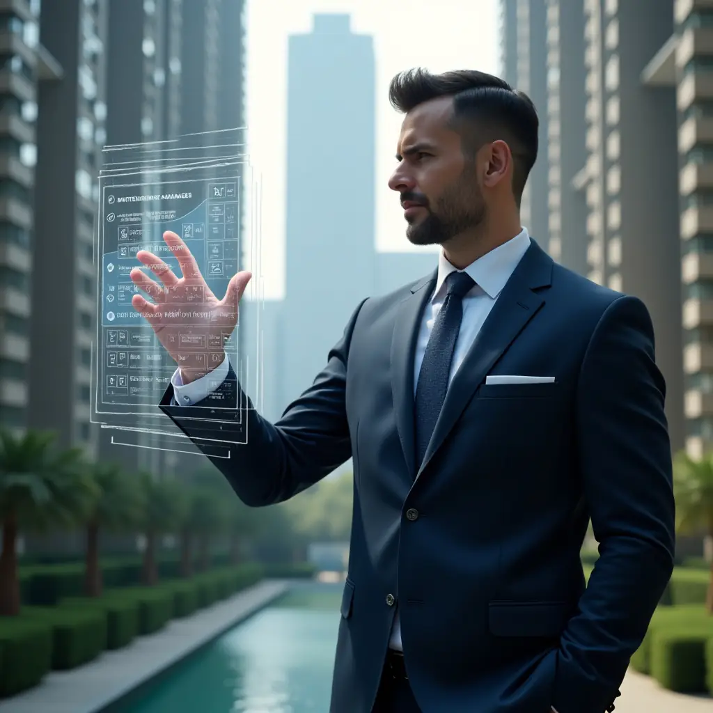 (Ultra-realistic condominium manager in a tailored navy blue suit, set in a modern luxury condominium environment with high-rise buildings and meticulously landscaped greenery, mid-shot of a confident professional interacting with a holographic calendar interface displaying checkmarks and maintenance icons over a building blueprint, cinematic lighting, shallow depth of field, highly detailed textures, realistic skin, photographic realism, 8k resolution --ar 1:1 --v 6)