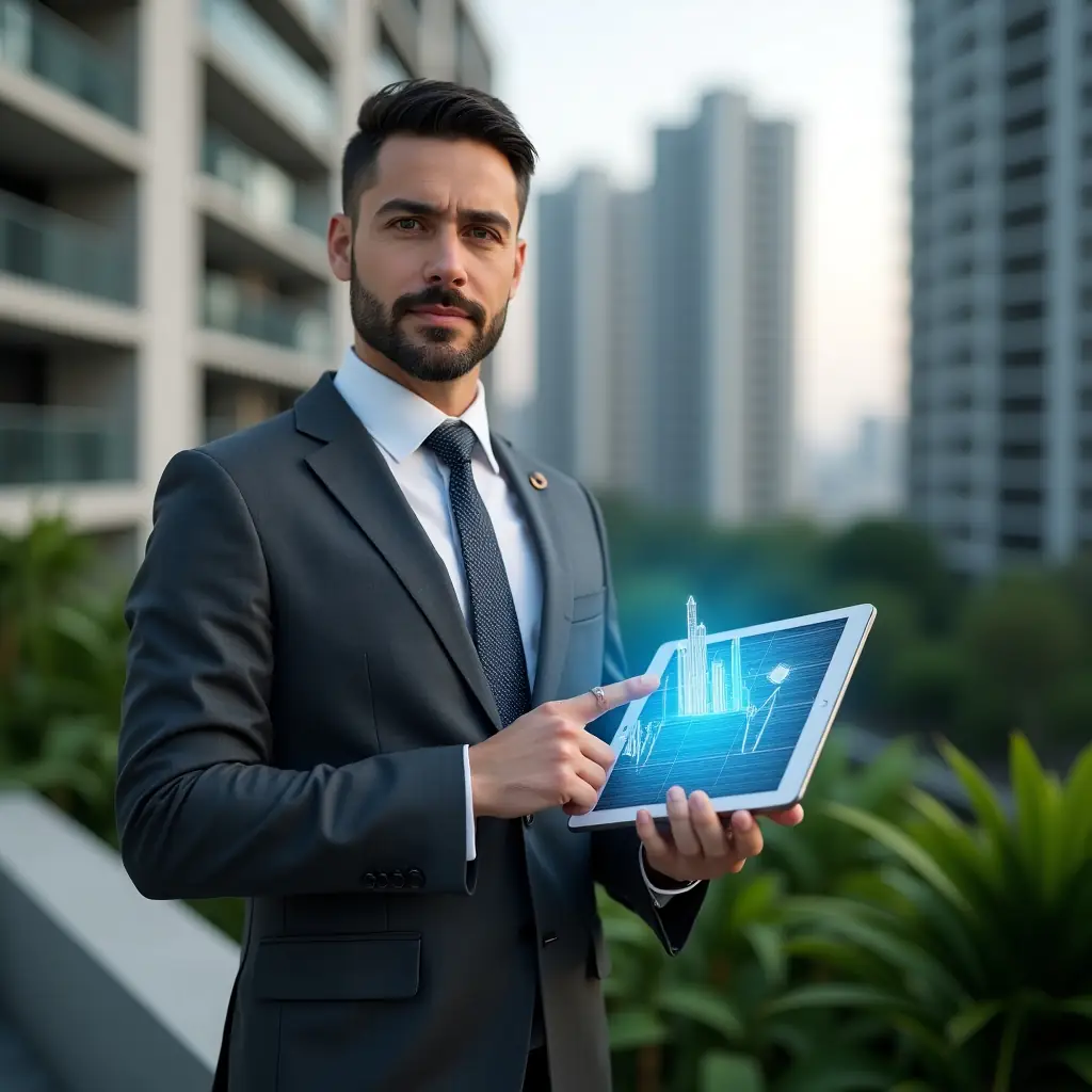 (Ultra-realistic condominium manager in a charcoal gray suit, set in a modern luxury condominium environment with high-rise buildings and lush green landscaping, holding a tablet projecting a holographic solar panel energy graph, pointing confidently at rooftop solar panels, cinematic lighting, shallow depth of field, highly detailed textures, realistic skin, photographic realism, 8k resolution --ar 1:1 --v 6)