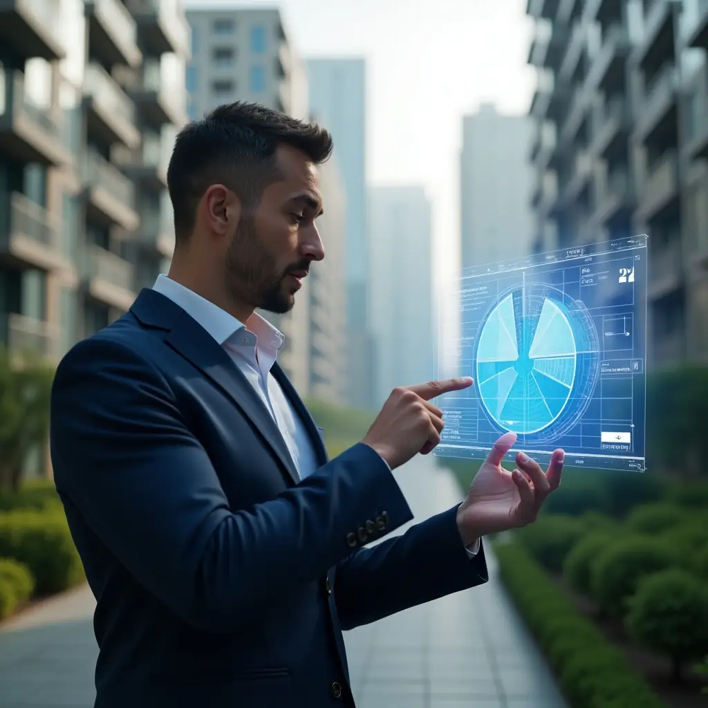 Ultra-realistic condominium manager in a tailored navy blue suit, set in a modern luxury condominium environment with high-rise buildings and green landscaping, thoughtfully analyzing a holographic 3D pie chart displaying ideal fractions, pointing at a digital blueprint overlay, cinematic lighting, shallow depth of field, highly detailed textures, realistic skin, photographic realism, 8k resolution --ar 1:1 --v 6