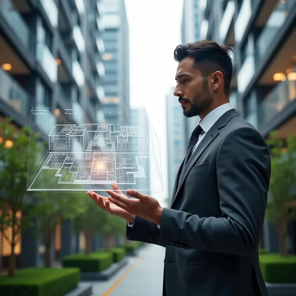 (Ultra-realistic condominium manager in a charcoal grey suit, set in a modern luxury condominium environment with high-rise glass buildings and manicured green landscaping, analyzing a floating holographic 3D condo plan with highlighted percentage fractions, thoughtful confident expression, cinematic lighting, shallow depth of field, highly detailed textures, realistic skin, photographic realism, 8k resolution --ar 1:1 --v 6)