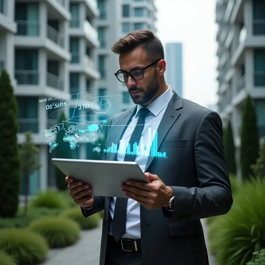 Ultra-realistic condominium manager in a charcoal grey executive suit, set in a modern luxury condominium environment with high-rise buildings and impeccably maintained green landscaping, medium shot of a confident professional examining holographic financial reports projected from a sleek tablet, floating pie charts and spreadsheet icons symbolizing clear accounting and transparency, cinematic lighting, shallow depth of field, highly detailed textures, realistic skin, photographic realism, 8k resolution --ar 1:1 --v 6