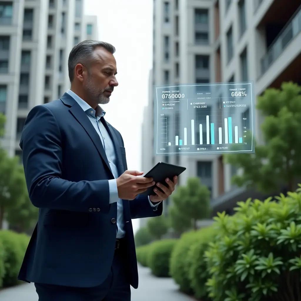 (Ultra-realistic condominium manager in a tailored navy blue suit, set in a modern luxury condominium environment with high-rise buildings and lush green landscaping, confident mid-shot of the manager holding a tablet and reviewing a floating holographic financial report, transparent charts and graphs symbolizing clear accounting, cinematic lighting, shallow depth of field, highly detailed textures, realistic skin, photographic realism, 8k resolution --ar 1:1 --v 6)
