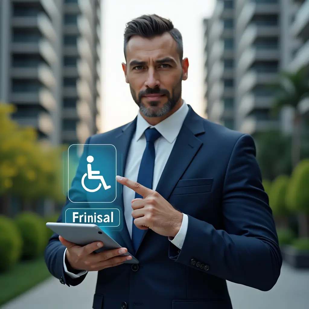 (Ultra-realistic condominium manager in a navy suit, set in a modern luxury condominium environment with high-rise buildings and lush green landscaping, holding a tablet displaying an accessibility app and pointing at a holographic wheelchair ramp icon to illustrate legal compliance, confident and thoughtful expression, cinematic lighting, shallow depth of field, highly detailed textures, realistic skin, photographic realism, 8k resolution --ar 1:1 --v 6)