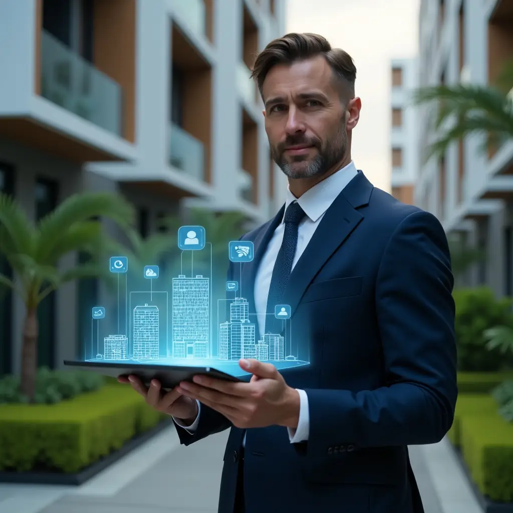 (Ultra-realistic condominium manager in a tailored navy suit, set in a modern luxury condominium environment with high-rise buildings and lush green landscaping, holding a tablet projecting holographic building layouts and communication icons, confident and focused expression, cinematic lighting, shallow depth of field, highly detailed textures, realistic skin, photographic realism, 8k resolution --ar 1:1 --v 6)