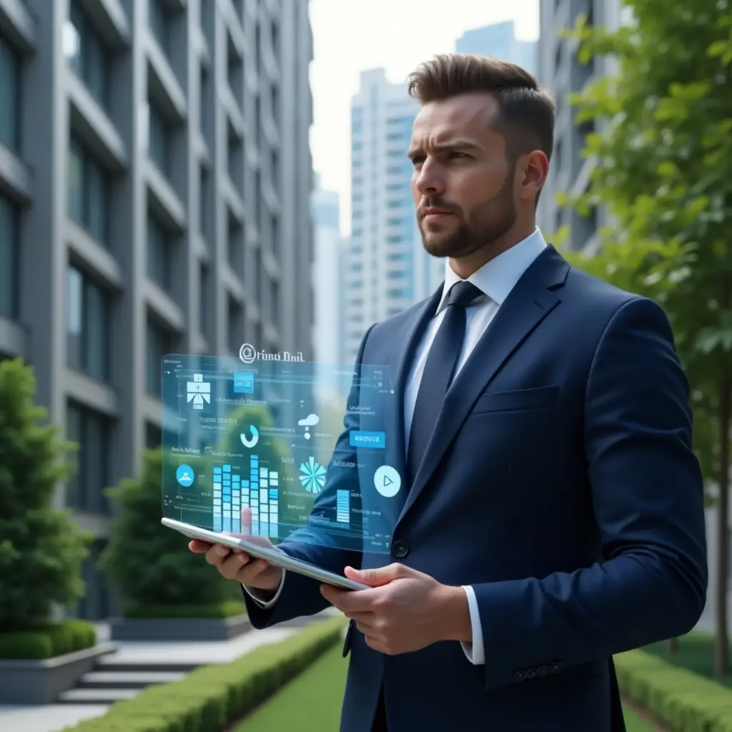 (Ultra-realistic condominium manager in a navy blue tailored suit, set in a modern luxury condominium environment with high-rise buildings and well-manicured green landscaping, holding a tablet displaying a holographic condominium management dashboard, floating app icons and digital charts around them, confident and focused expression, cinematic lighting, shallow depth of field, highly detailed textures, realistic skin, photographic realism, 8k resolution --ar 1:1 --v 6)