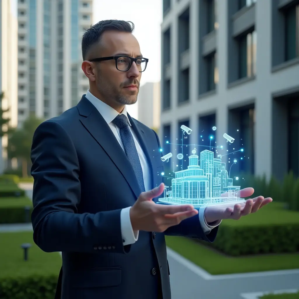 Ultra-realistic condominium manager in a sleek navy blue suit, set in a modern luxury condominium environment with high-rise buildings and manicured green landscaping, confidently holding and analyzing a holographic interface of building automation systems with floating icons of sensors, circuits, and security cameras, cinematic lighting, shallow depth of field, highly detailed textures, realistic skin, photographic realism, 8k resolution --ar 1:1 --v 6