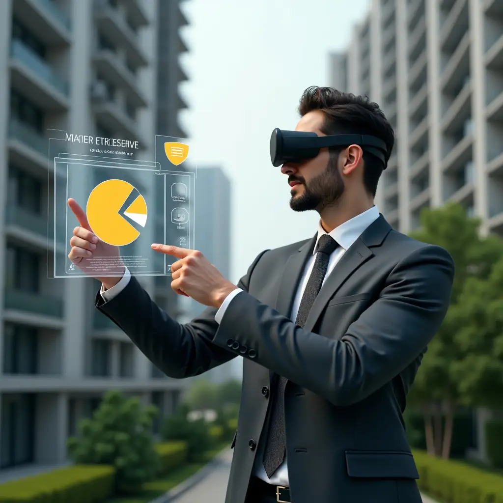 Ultra-realistic condominium manager in a charcoal gray tailored suit, set in a modern luxury condominium environment with high-rise buildings and manicured green landscaping, pointing at a holographic pie chart illustrating ordinary vs extraordinary expenses with a confident, focused expression, floating invoice and shield icons symbolizing cost allocation and conflict resolution, cinematic lighting, shallow depth of field, highly detailed textures, realistic skin, photographic realism, 8k resolution --ar 1:1 --v 6