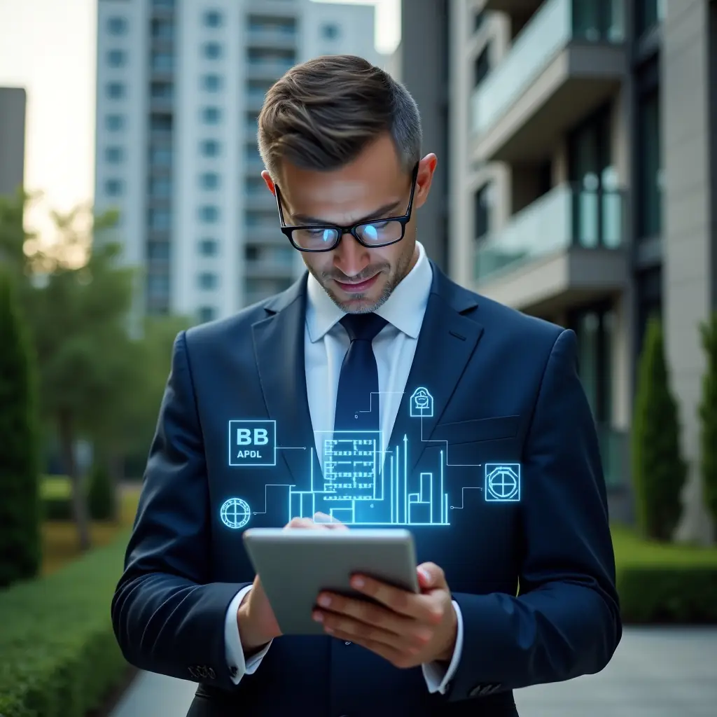 Ultra-realistic condominium manager in a navy blue executive suit, set in a modern luxury condominium environment with high-rise buildings and manicured green landscaping, analyzing a holographic budget and maintenance dashboard on a tablet, floating icons of finances, communication and security systems around him, confident and focused expression, cinematic lighting, shallow depth of field, highly detailed textures, realistic skin, photographic realism, 8k resolution --ar 1:1 --v 6
