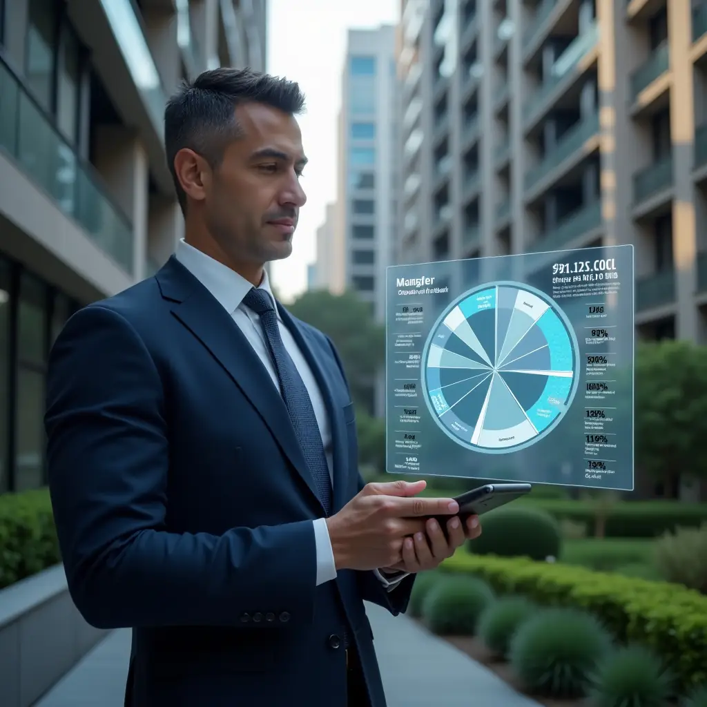 Ultra-realistic condominium manager in a navy tailored suit, set in a modern luxury condominium environment with high-rise buildings and manicured green landscaping, reviewing a holographic pie chart projection illustrating unit share calculations, confident and focused expression, cinematic lighting, shallow depth of field, highly detailed textures, realistic skin, photographic realism, 8k resolution --ar 1:1 --v 6