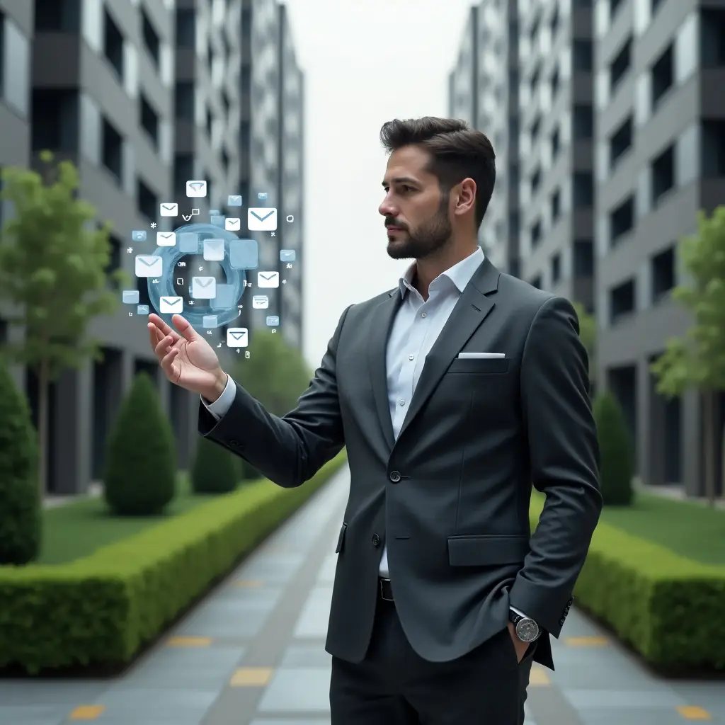 (Ultra-realistic condominium manager in a charcoal gray suit, set in a modern luxury condominium environment with high-rise buildings and manicured green landscaping, interacting with a floating holographic app interface displaying chat bubbles and notification icons, confident and engaged expression, symbolic communication icons hovering around, cinematic lighting, shallow depth of field, highly detailed textures, realistic skin, photographic realism, 8k resolution --ar 1:1 --v 6)