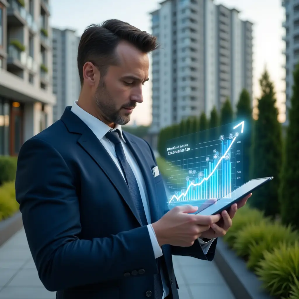 (Ultra-realistic condominium manager in a navy blue suit, set in a modern luxury condominium environment with high-rise buildings and well-manicured green landscaping, confidently examining a digital tablet displaying a holographic budget chart with a 30% reduction arrow, floating app icons symbolizing cost-cutting and intelligent planning, cinematic lighting, shallow depth of field, highly detailed textures, realistic skin, photographic realism, 8k resolution --ar 1:1 --v 6)
