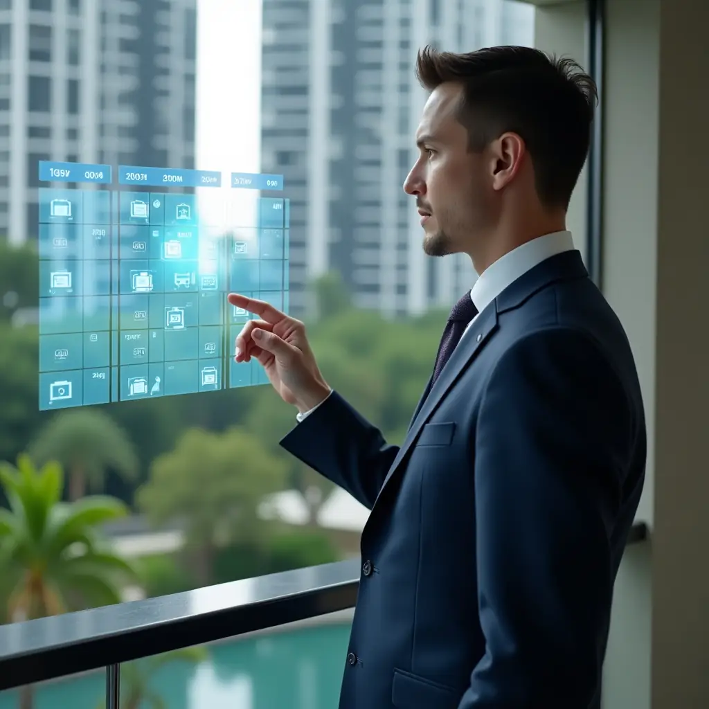 (Ultra-realistic condominium manager in a tailored navy suit, set in a modern luxury condominium environment with high-rise buildings and lush green landscaping, interacting with a floating holographic calendar displaying maintenance and meeting icons, confidently pointing at scheduled tasks, cinematic lighting, shallow depth of field, highly detailed textures, realistic skin, photographic realism, 8k resolution --ar 1:1 --v 6)