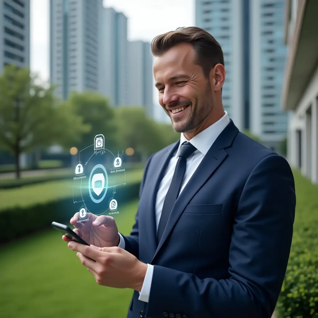 (Ultra-realistic condominium manager in a tailored navy blue suit, set in a modern luxury condominium environment with high-rise buildings and manicured green landscaping, holding a smartphone displaying a floating holographic condo management app interface, smiling confidently as they review notifications, with translucent icons for messaging, finance, and maintenance hovering around them, cinematic lighting, shallow depth of field, highly detailed textures, realistic skin, photographic realism, 8k resolution --ar 1:1 --v 6)