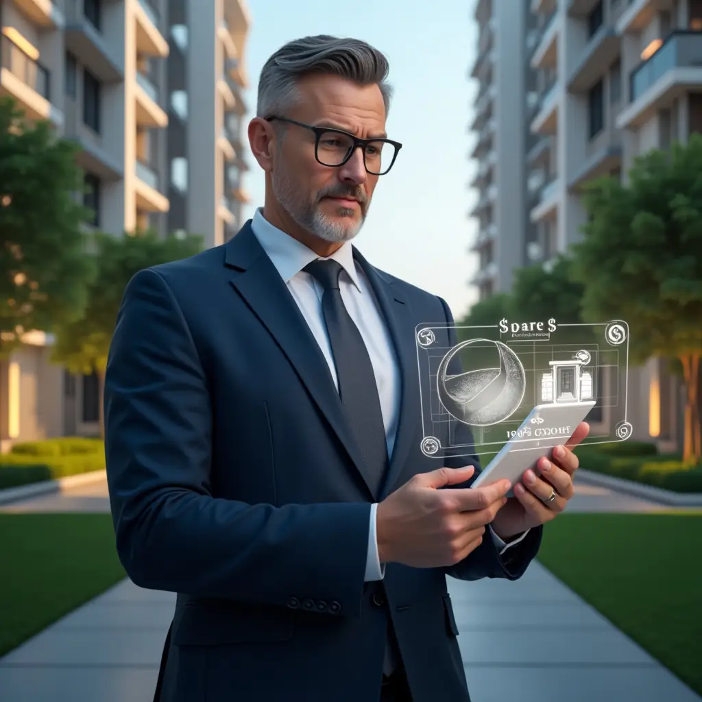 Ultra-realistic condominium manager in a navy tailored suit, set in a modern luxury condominium environment with high-rise buildings and lush green landscaping, standing in a medium shot while reviewing a holographic budget breakdown and cost-saving pie chart, holographic icons of tools and dollar signs floating around, confident and focused expression, cinematic lighting, shallow depth of field, highly detailed textures, realistic skin, photographic realism, 8k resolution --ar 1:1 --v 6