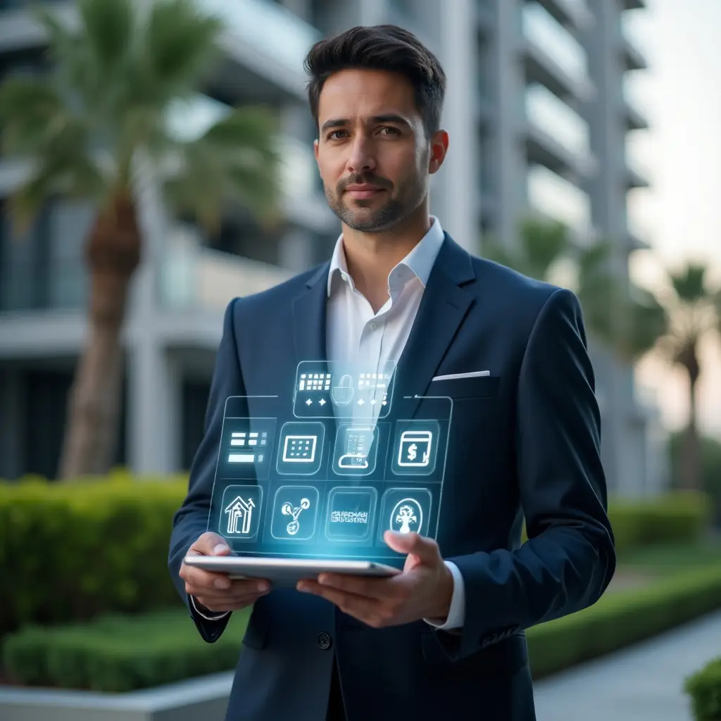 (Ultra-realistic condominium manager in a navy executive suit, set in a modern luxury condominium environment with high-rise buildings and manicured green landscaping, holding a transparent tablet displaying holographic icons for chat communication, financial charts, calendar reservations, and a security lock, confident and focused expression, cinematic lighting, shallow depth of field, highly detailed textures, realistic skin, photographic realism, 8k resolution --ar 1:1 --v 6)