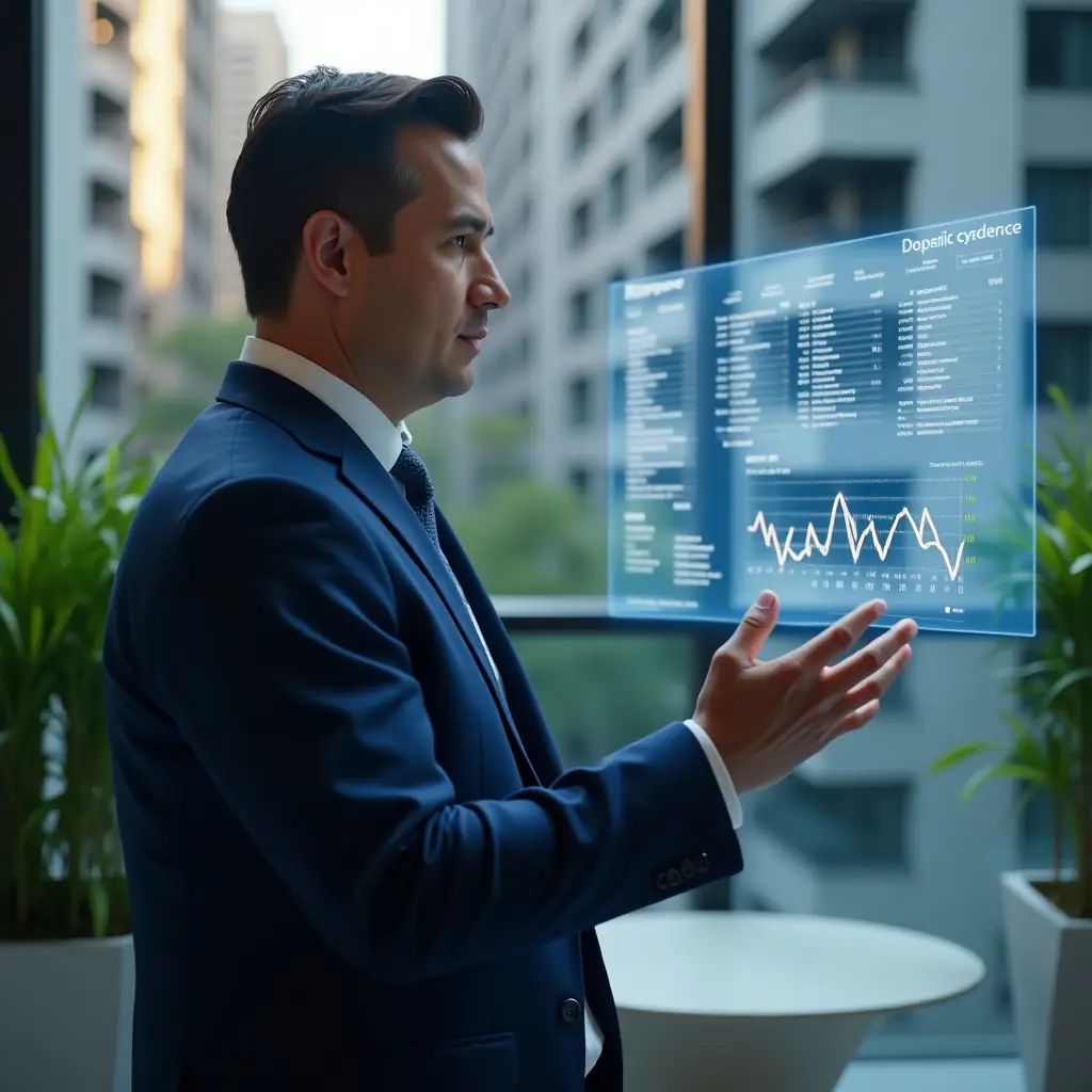 Ultra-realistic condo manager in a navy blue suit, set in a modern luxury condominium environment with high-rise buildings and green landscaping, interacting with a holographic financial dashboard displaying bank statements, OCR-scanned invoices and real-time expense graphs, confident and focused expression, cinematic lighting, shallow depth of field, highly detailed textures, realistic skin, photographic realism, 8k resolution --ar 1:1 --v 6