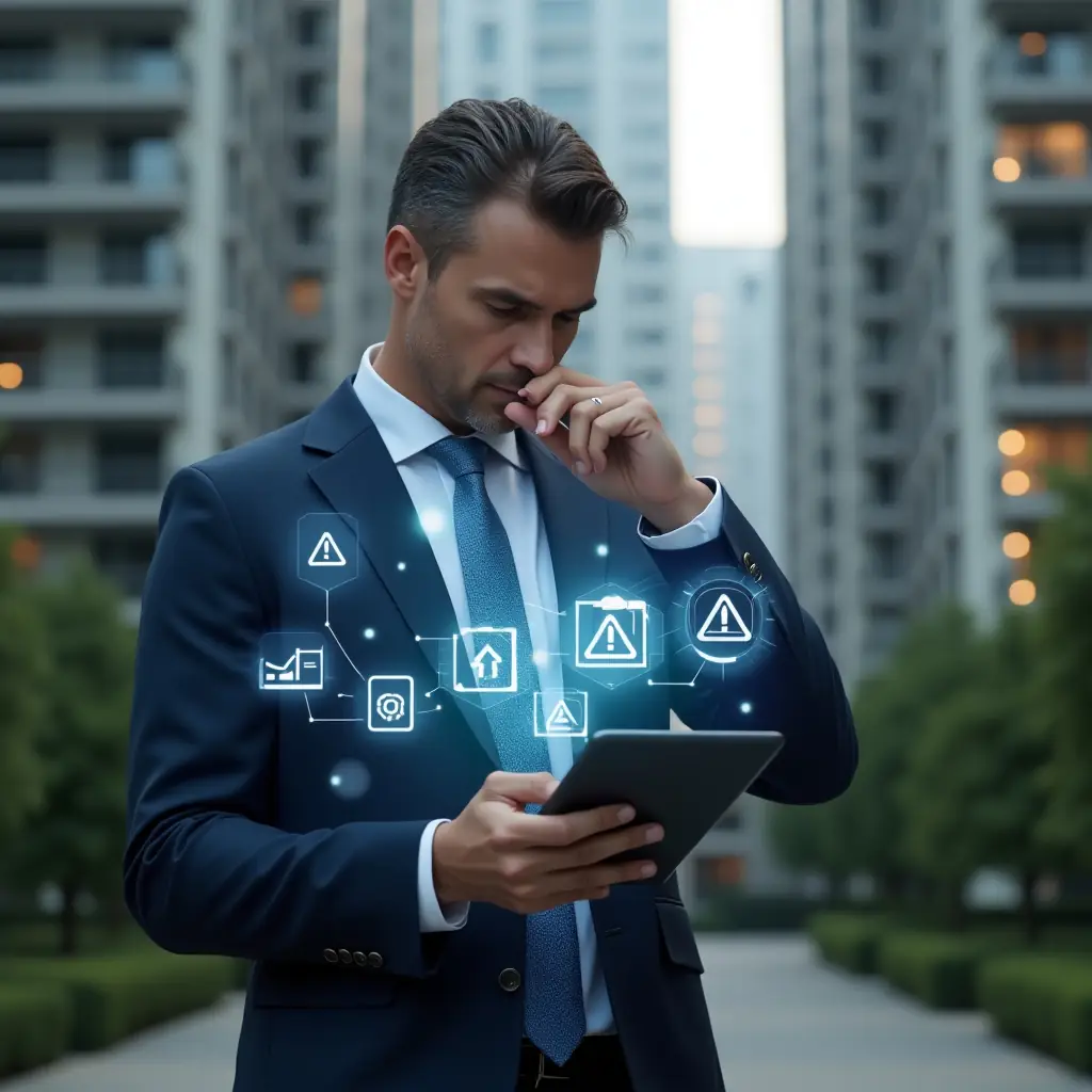 Ultra-realistic condominium manager in a navy executive suit, set in a modern luxury condominium environment with high-rise buildings and green landscaping, examining a holographic tablet interface showing warning icons and checklists related to management app errors, thoughtful and focused expression, holographic warning symbols floating around, cinematic lighting, shallow depth of field, highly detailed textures, realistic skin, photographic realism, 8k resolution --ar 1:1 --v 6