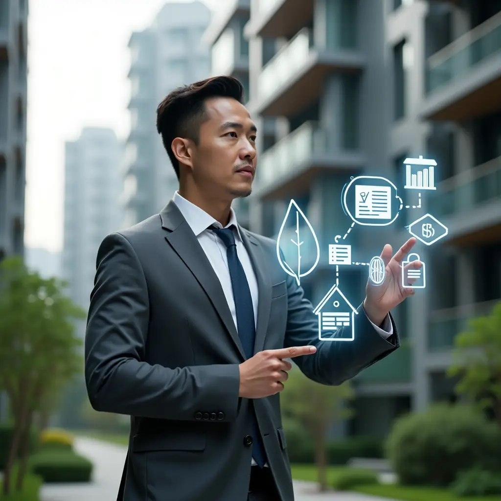 Ultra-realistic condominium manager in a charcoal gray suit, set in a modern luxury condominium environment with high-rise buildings and green landscaping, standing in a medium shot reviewing a holographic contract interface while pointing at floating sustainability icons (leaf, solar panel) and a budget optimization chart, confident and focused expression, cinematic lighting, shallow depth of field, highly detailed textures, realistic skin, photographic realism, 8k resolution --ar 1:1 --v 6