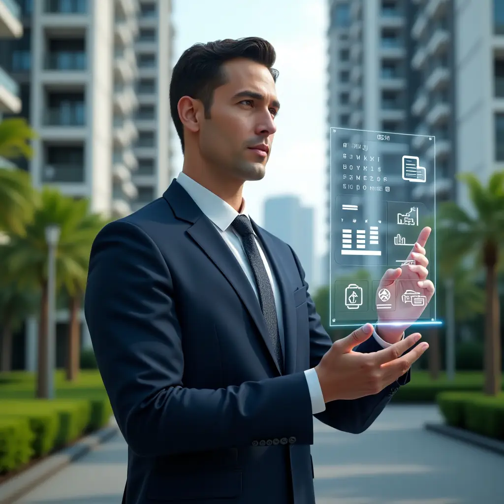 (Ultra-realistic condo manager in a tailored navy suit, set in a modern luxury condominium environment with high-rise buildings and lush green landscaping, interacting with a floating holographic interface displaying an apartment booking calendar, financial charts and a smartphone app icon, confident and focused expression, cinematic lighting, shallow depth of field, highly detailed textures, realistic skin, photographic realism, 8k resolution --ar 1:1 --v 6)