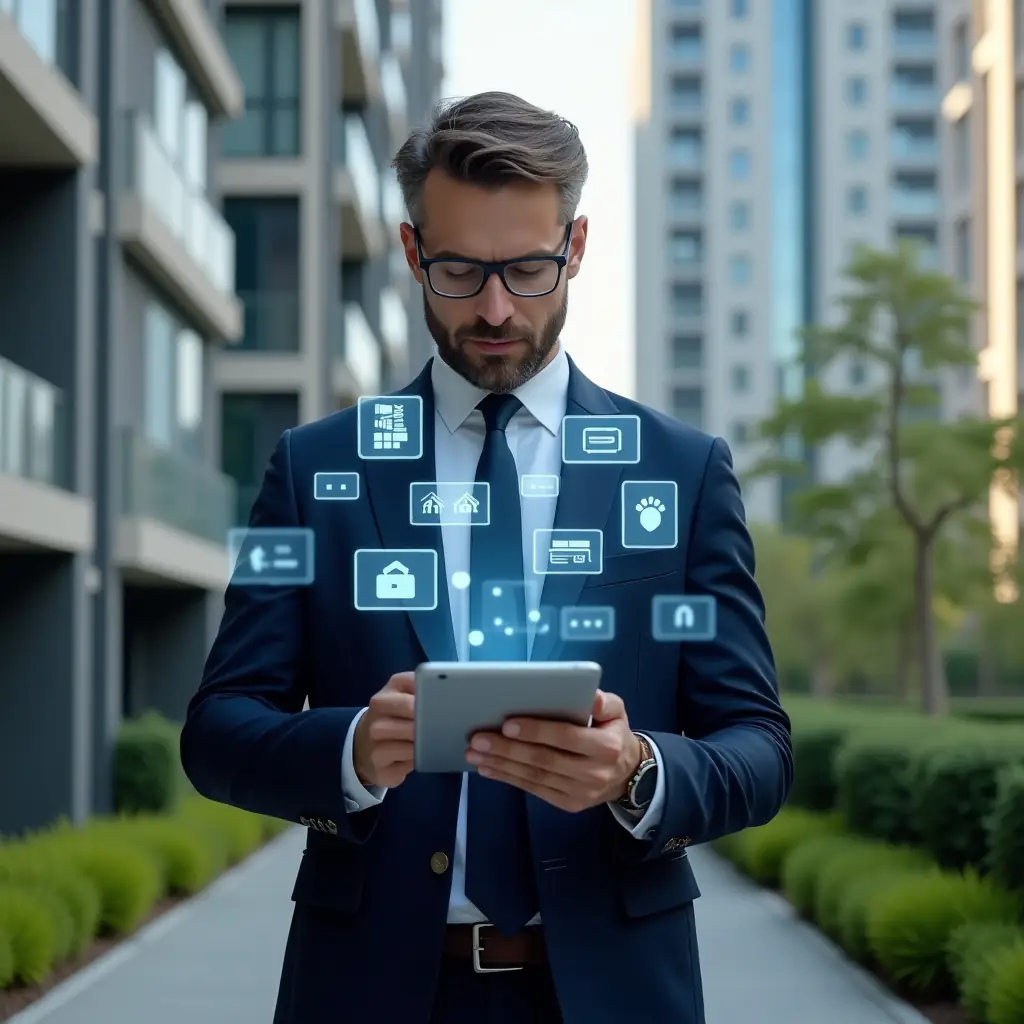 (Ultra-realistic property manager in a navy executive suit, set in a modern luxury condominium environment with high-rise buildings and manicured green landscaping, holding a tablet displaying holographic icons for finance, messaging, booking, security and maintenance, analyzing the app interface with a confident, focused expression, floating thematic holograms, cinematic lighting, shallow depth of field, highly detailed textures, realistic skin, photographic realism, 8k resolution --ar 1:1 --v 6)