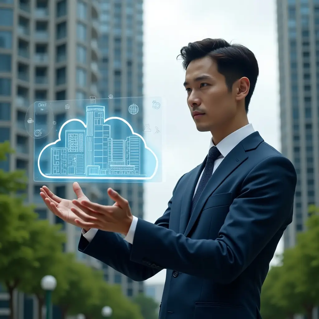(Ultra-realistic condominium manager in a navy blue suit, set in a modern luxury condominium environment with high-rise buildings and lush green landscaping, interacting with a floating cloud holographic interface displaying building floor plans and digital management icons, confident and focused expression, cinematic lighting, shallow depth of field, highly detailed textures, realistic skin, photographic realism, 8k resolution --ar 1:1 --v 6)