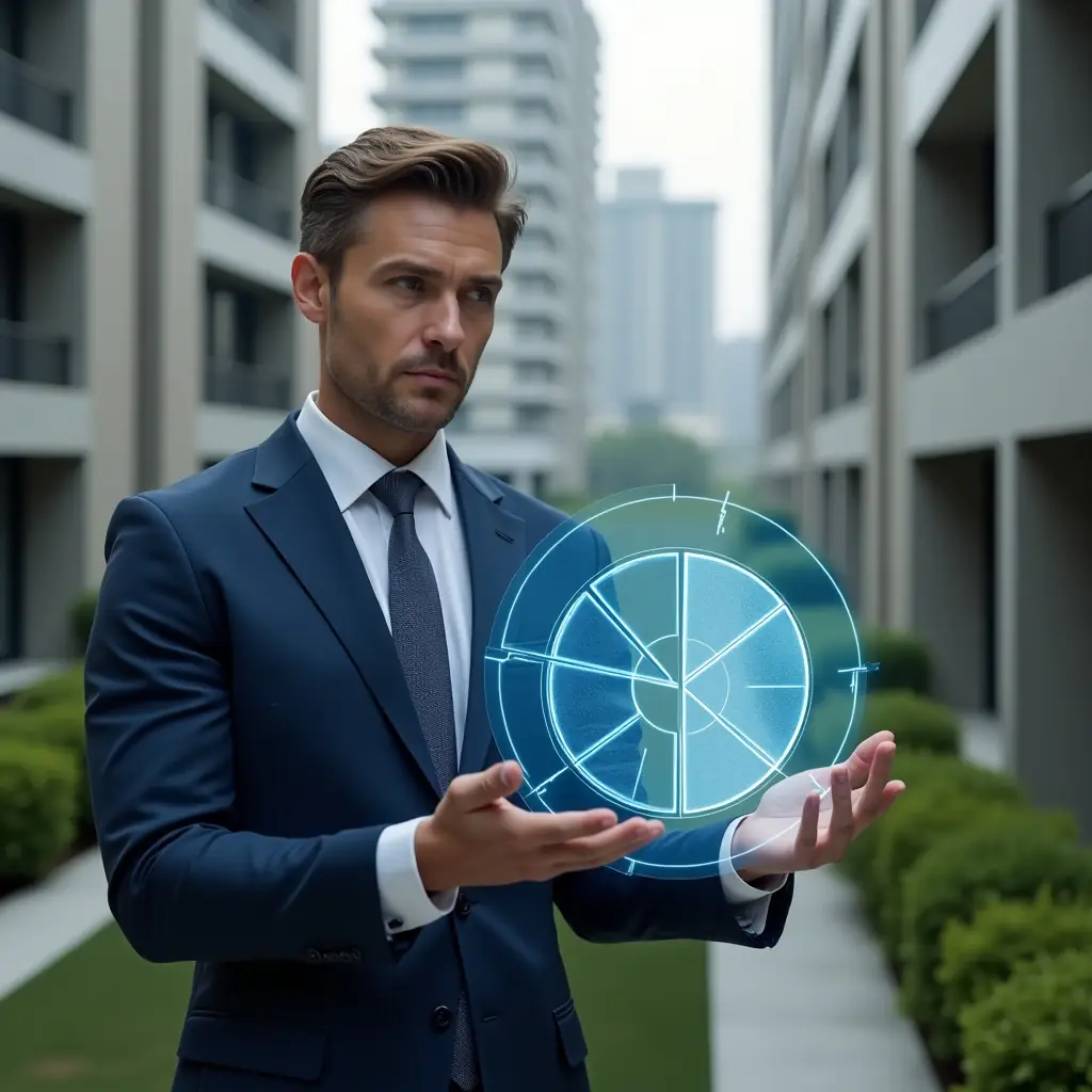 Ultra-realistic property manager in a navy blue suit, set in a modern luxury condominium environment with high-rise buildings and manicured green landscaping, holding a holographic pie chart representing ideal fractions, looking thoughtful and confident, cinematic lighting, shallow depth of field, highly detailed textures, realistic skin, photographic realism, 8k resolution --ar 1:1 --v 6