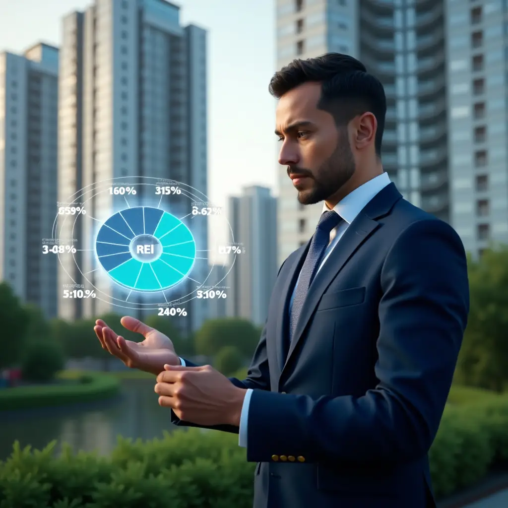 (Ultra-realistic condominium manager in a dark blue suit, set in a modern luxury condominium environment with high-rise buildings and meticulously landscaped greenery, examining a floating holographic pie chart that illustrates fraction ideal percentages and market value trends, thoughtful and confident expression, cinematic lighting, shallow depth of field, highly detailed textures, realistic skin, photographic realism, 8k resolution --ar 1:1 --v 6)
