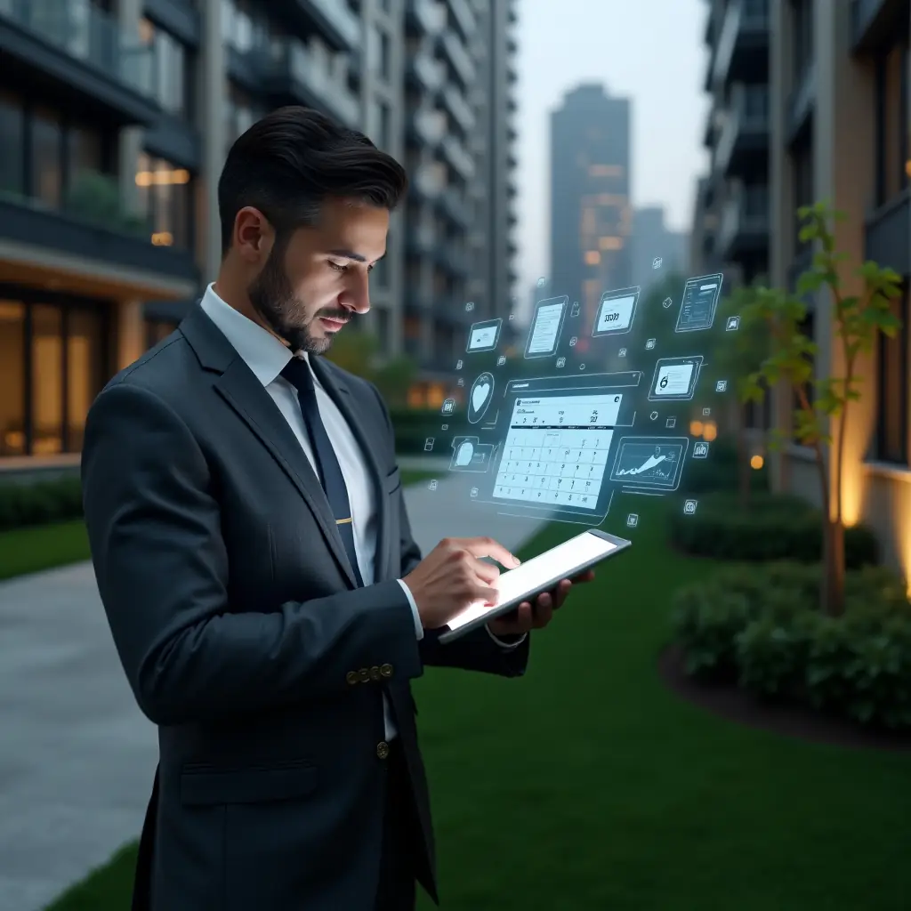 Ultra-realistic condominium manager in a charcoal gray executive suit, set in a modern luxury condominium environment with high-rise buildings and manicured green landscaping, reviewing a holographic activity calendar projected from a sleek tablet, floating alert icons and performance report graphs around them, confident and focused expression, cinematic lighting, shallow depth of field, highly detailed textures, realistic skin, photographic realism, 8k resolution --ar 1:1 --v 6