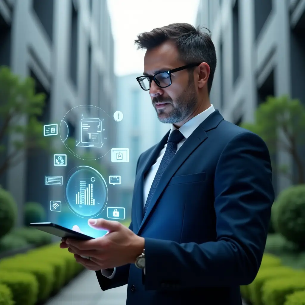 (Ultra-realistic condominium manager in a dark blue executive suit, set in a modern luxury condominium environment with high-rise buildings and manicured green landscaping, holding a transparent tablet projecting floating holographic icons of chat bubbles, financial charts and security locks, analyzing the digital interface with a confident, focused expression, cinematic lighting, shallow depth of field, highly detailed textures, realistic skin, photographic realism, 8k resolution --ar 1:1 --v 6)
