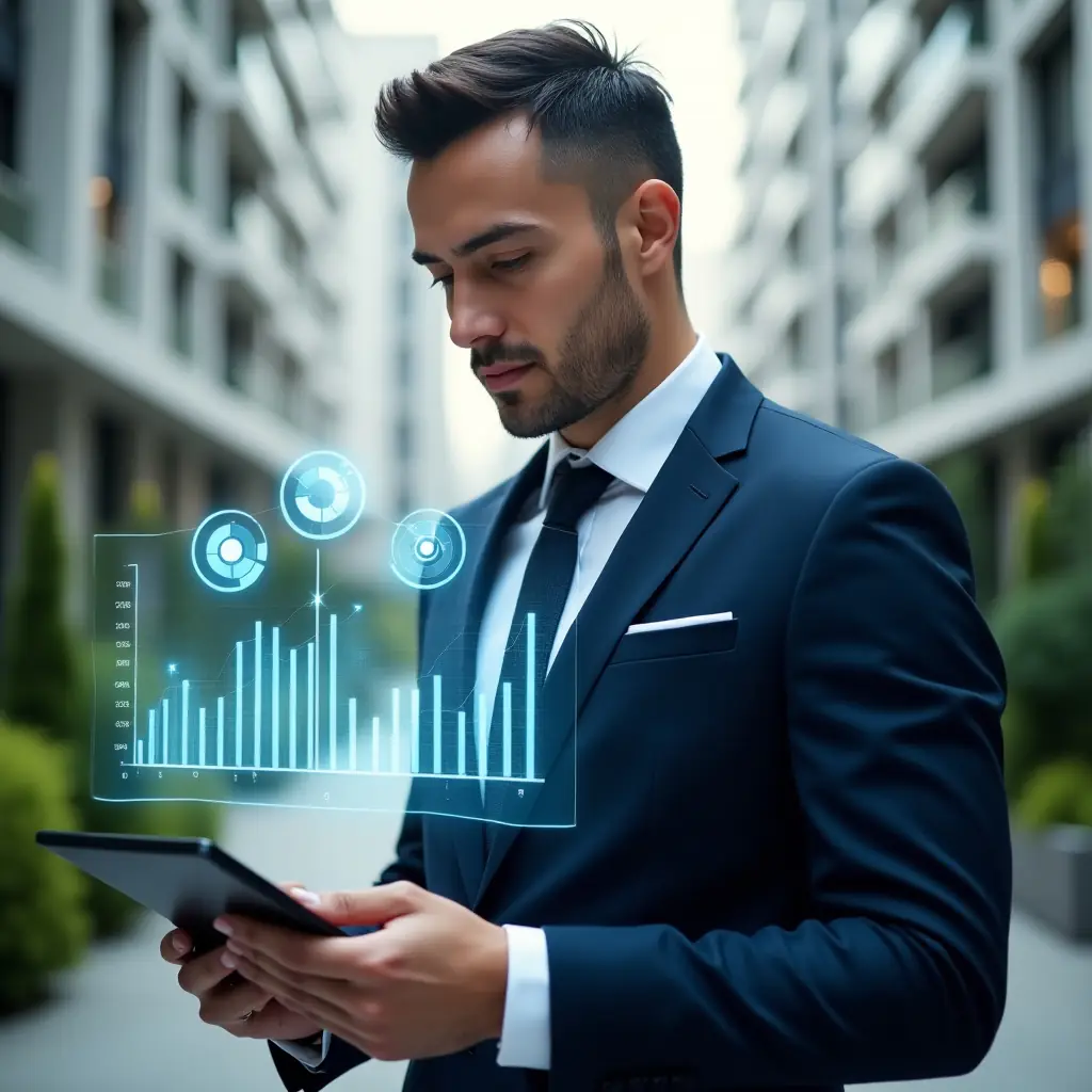 Ultra-realistic condominium manager in a tailored navy-blue suit, set in a modern luxury condominium environment with high-rise buildings and lush green landscaping, holding a digital tablet and analyzing floating holographic bar charts and pie graphs representing key financial indicators, confident and focused expression, cinematic lighting, shallow depth of field, highly detailed textures, realistic skin, photographic realism, 8k resolution --ar 1:1 --v 6