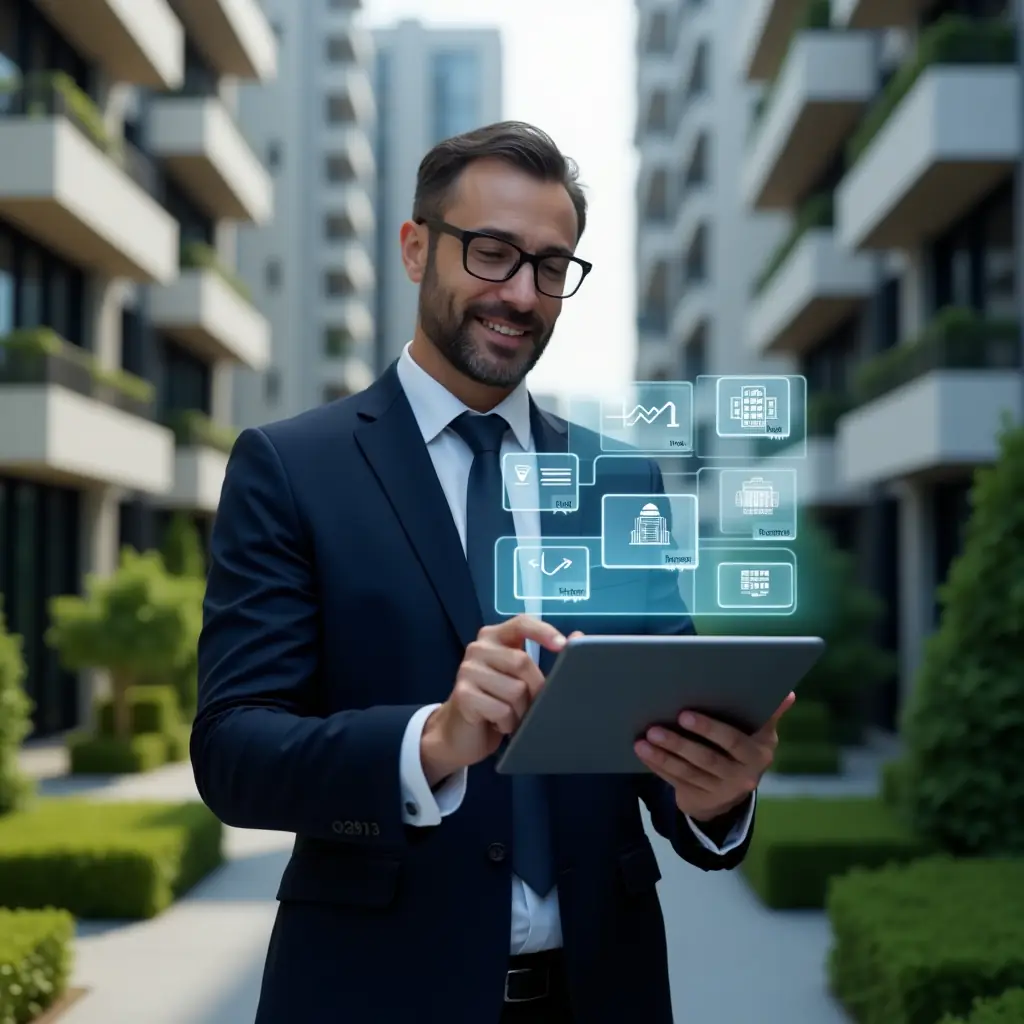 (Ultra-realistic condominium manager in a dark navy business suit, set in a modern luxury condominium environment with high-rise buildings and lush green landscaping, confidently interacting with a transparent digital tablet projecting holographic icons of graphs, payment notifications, building layouts and workflow diagrams, cinematic lighting, shallow depth of field, highly detailed textures, realistic skin, photographic realism, 8k resolution --ar 1:1 --v 6)