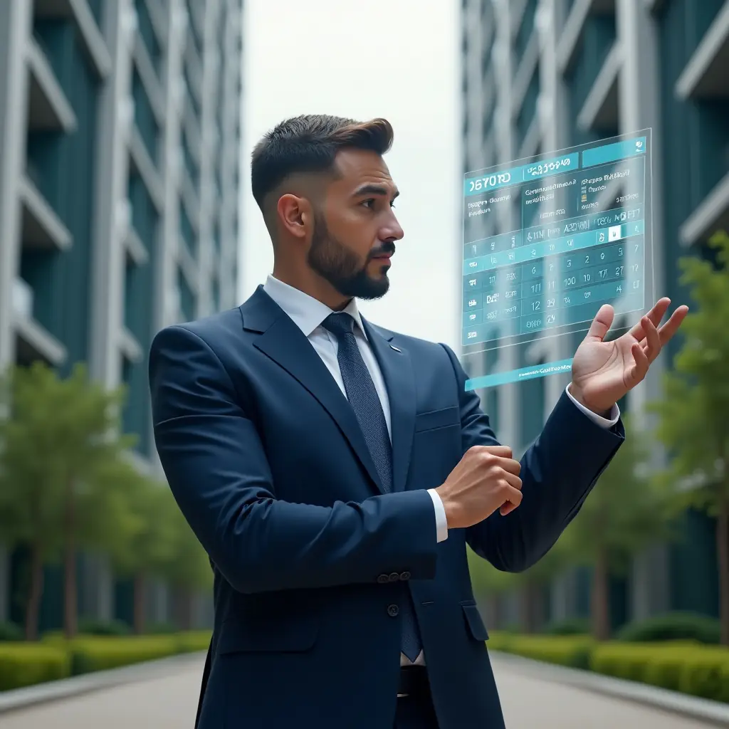 Ultra-realistic condominium manager in a navy blue suit, set in a modern luxury condominium environment with high-rise buildings and manicured green landscaping, examining a floating holographic calendar with task icons and deadlines, holographic timeline elements indicating schedules and checkmarks, confident and focused expression, cinematic lighting, shallow depth of field, highly detailed textures, realistic skin, photographic realism, 8k resolution --ar 1:1 --v 6