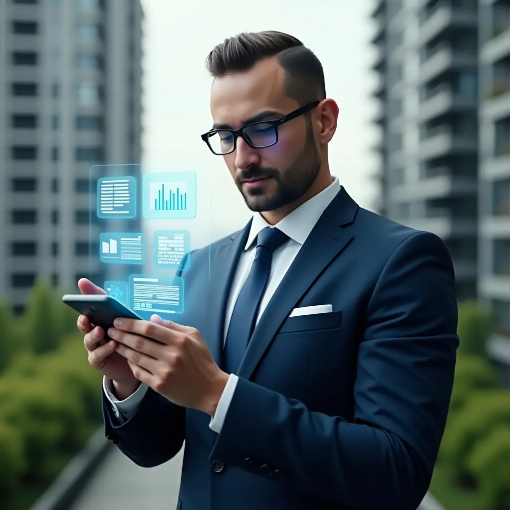(Ultra-realistic condominium manager in a navy blue executive suit, set in a modern luxury condominium environment with high-rise buildings and pristine green landscaping, confidently examining a transparent holographic smartphone interface displaying condo management app icons—calendar, chat bubbles, financial charts—while pointing at a floating holographic dashboard, cinematic lighting, shallow depth of field, highly detailed textures, realistic skin, photographic realism, 8k resolution --ar 1:1 --v 6)
