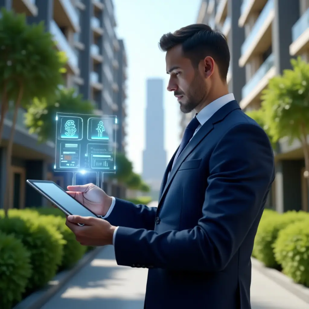 (Ultra-realistic condominium manager in a navy blue suit, set in a modern luxury condominium environment with high-rise buildings and manicured green landscaping, holding a digital tablet displaying holographic expense charts divided into three steps, expression focused and confident, with floating icons of water bill, electricity and maintenance, cinematic lighting, shallow depth of field, highly detailed textures, realistic skin, photographic realism, 8k resolution --ar 1:1 --v 6)