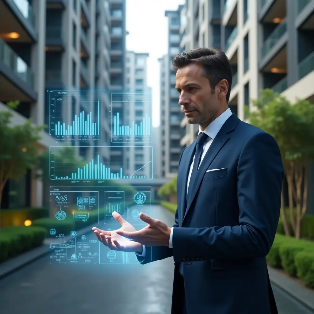 Ultra-realistic condominium manager in a navy blue suit, set in a modern luxury condominium environment with high-rise buildings and manicured green landscaping, analyzing a holographic real-time financial report with floating charts and graphs, confident and focused expression, cinematic lighting, shallow depth of field, highly detailed textures, realistic skin, photographic realism, 8k resolution --ar 1:1 --v 6