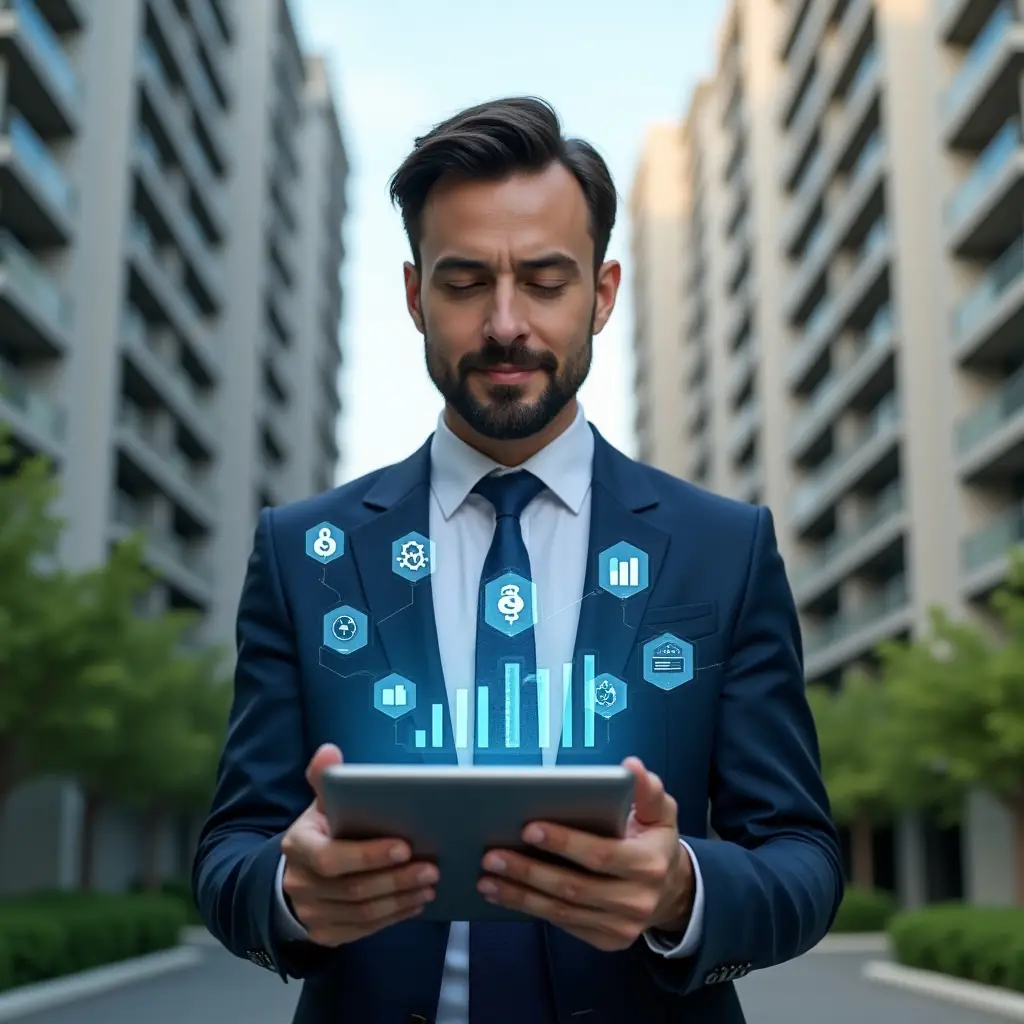 (Ultra-realistic property manager in a navy blue executive suit, set in a modern luxury condominium environment with high-rise buildings and lush green landscaping, holding a digital tablet displaying budget analytics graphs, holographic icons of dollar signs and gears floating around, confident and analytical expression, cinematic lighting, shallow depth of field, highly detailed textures, realistic skin, photographic realism, 8k resolution --ar 1:1 --v 6)