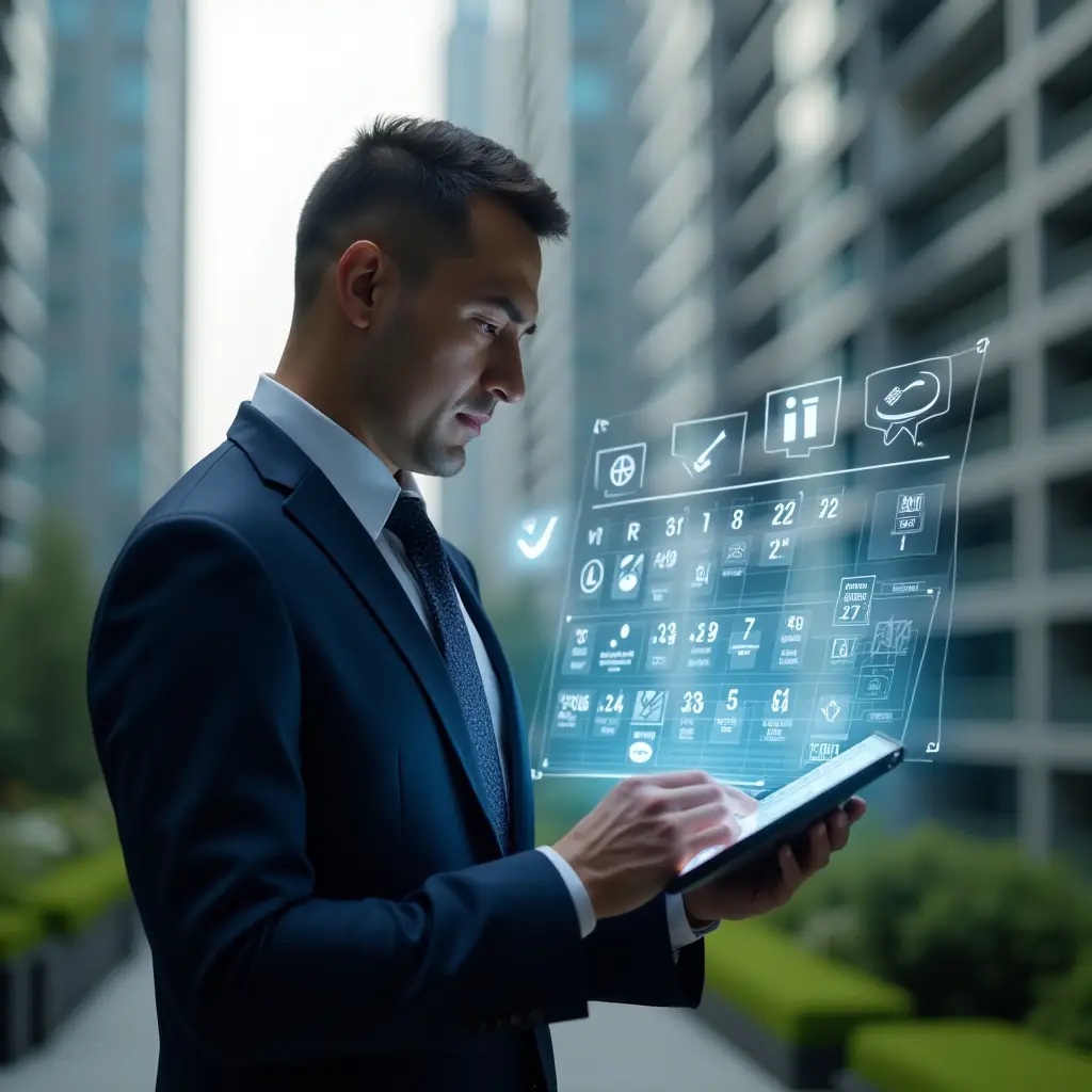 Ultra-realistic condominium manager in a dark blue tailored suit, set in a modern luxury condominium environment with high-rise buildings and green landscaping, examining a holographic calendar of maintenance tasks projected from a tablet, holographic icons of tools and checkmarks floating around, confident and focused expression, cinematic lighting, shallow depth of field, highly detailed textures, realistic skin, photographic realism, 8k resolution --ar 1:1 --v 6