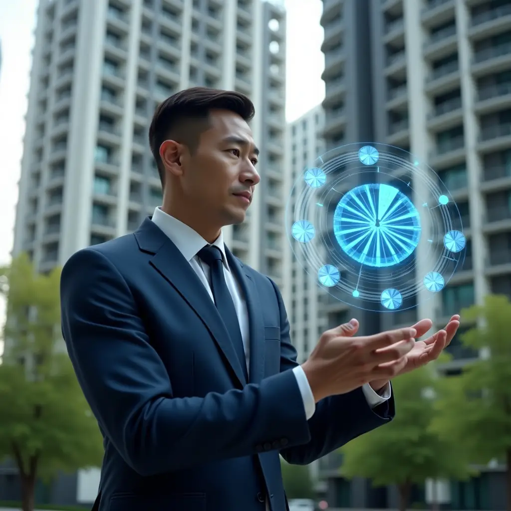 Ultra-realistic condominium manager in a navy blue suit, set in a modern luxury condominium environment with high-rise buildings and green landscaping, analyzing a holographic 3D pie chart overlay of property fractions, thoughtful expression, holographic icons of fractional shares floating beside, cinematic lighting, shallow depth of field, highly detailed textures, realistic skin, photographic realism, 8k resolution --ar 1:1 --v 6