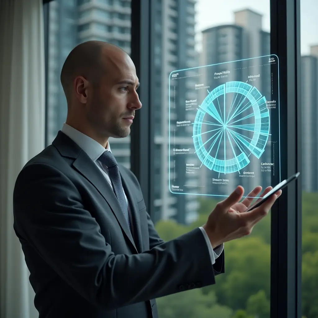 Ultra-realistic condominium manager in a dark grey executive suit, set in a modern luxury condominium environment with high-rise buildings and green landscaping, analyzing a holographic pie chart representing fraction ideal divisions and condominium fees, thoughtful expression, holographic financial icons floating around, cinematic lighting, shallow depth of field, highly detailed textures, realistic skin, photographic realism, 8k resolution --ar 1:1 --v 6
