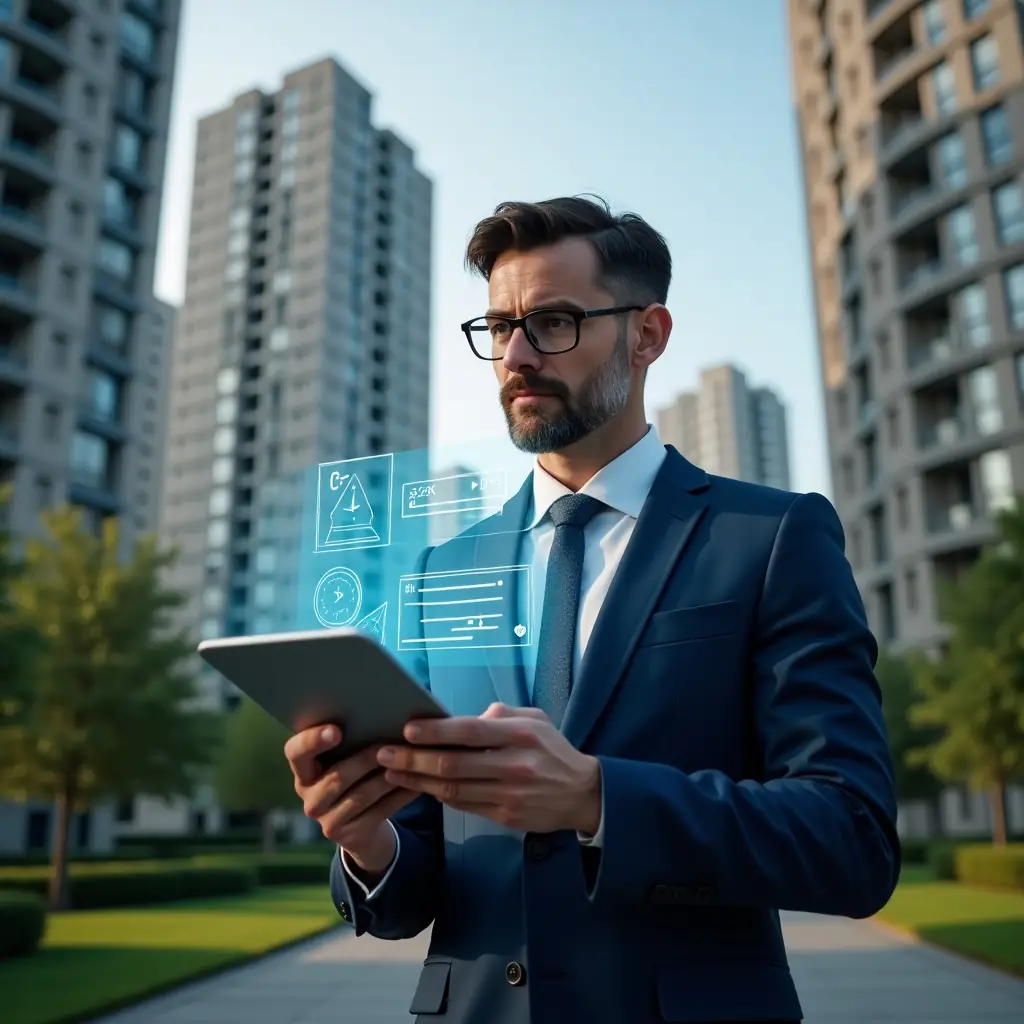 Ultra-realistic condominium manager in a navy blue executive suit, set in a modern luxury condominium environment with high-rise buildings and manicured green landscaping, holding a digital tablet displaying a checklist with holographic warning icons, reviewing performance data with a confident expression, floating holographic charts and symbols representing transparency and efficiency, cinematic lighting, shallow depth of field, highly detailed textures, realistic skin, photographic realism, 8k resolution --ar 1:1 --v 6