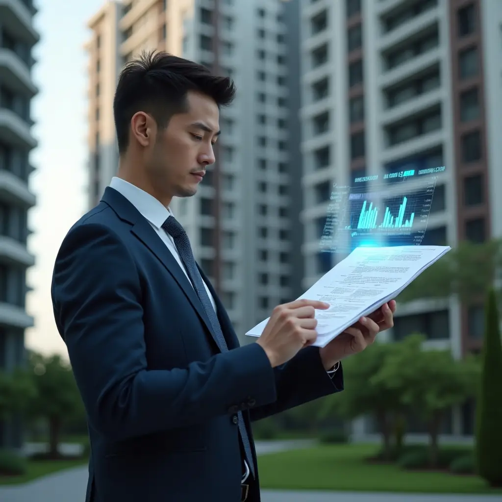 (Ultra-realistic condominium manager in a tailored navy suit, set in a modern luxury condominium environment with high-rise buildings and manicured green landscaping, reviewing holographic financial charts and a floating checklist of documents with a confident, focused expression, cinematic lighting, shallow depth of field, highly detailed textures, realistic skin, photographic realism, 8k resolution --ar 1:1 --v 6)