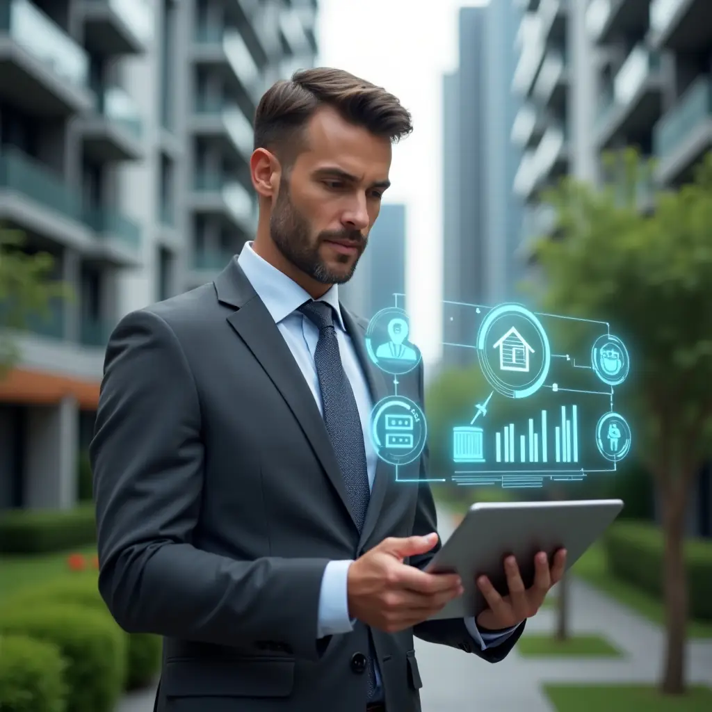 (Ultra-realistic property manager in a charcoal gray executive suit, set in a modern luxury condominium environment with high-rise buildings and manicured greenery, holding a digital tablet and interacting with a floating holographic interface displaying financial charts and communication icons, confident and focused expression, cinematic lighting, shallow depth of field, highly detailed textures, realistic skin, photographic realism, 8k resolution --ar 1:1 --v 6)