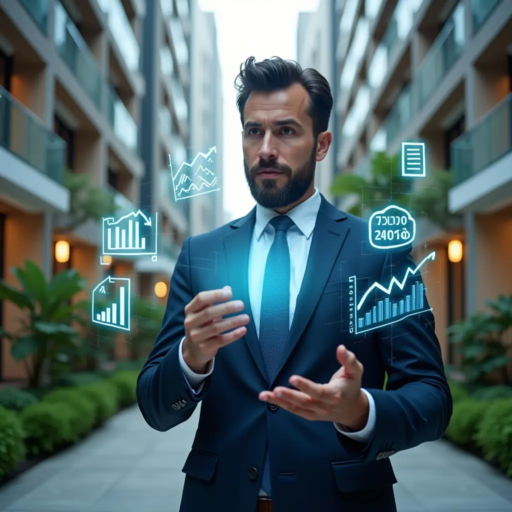 Ultra-realistic condominium manager in a navy suit, set in a modern luxury condominium environment with high-rise buildings and lush green landscaping, mid-shot of a confident professional analyzing holographic KPI charts floating before them, glowing KPI icons and financial graphs symbolizing efficiency and performance, cinematic lighting, shallow depth of field, highly detailed textures, realistic skin, photographic realism, 8k resolution --ar 1:1 --v 6