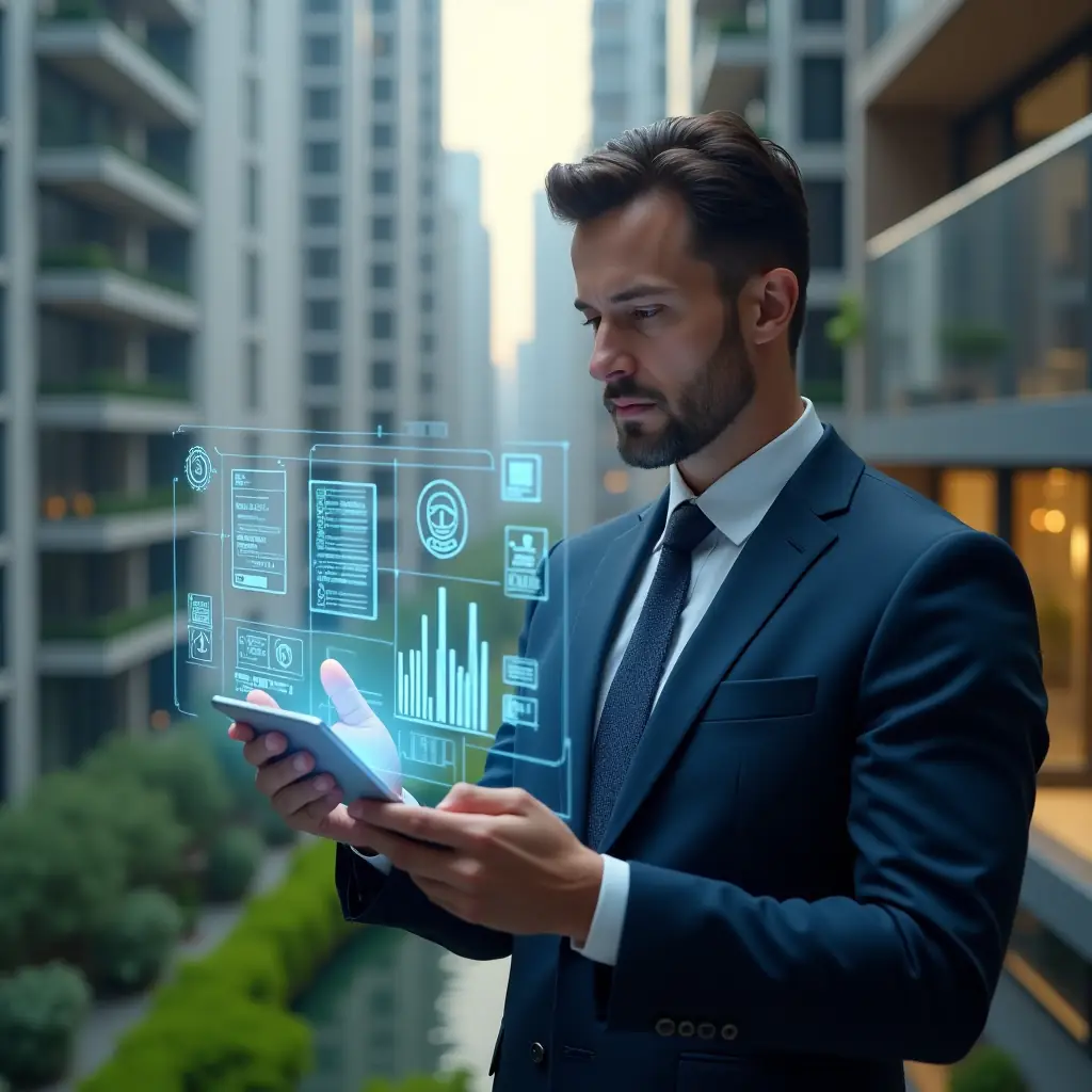 (Ultra-realistic condominium manager in a tailored dark blue suit, set in a modern luxury condominium environment with high-rise buildings and lush green landscaping, examining a holographic financial dashboard displaying charts and checklists, holographic icons of coins and documents floating nearby, expression confident and focused, cinematic lighting, shallow depth of field, highly detailed textures, realistic skin, photographic realism, 8k resolution --ar 1:1 --v 6)