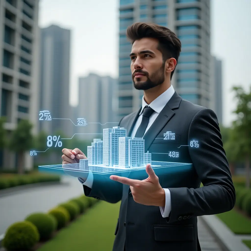 Ultra-realistic condominium manager in a dark gray tailored suit, set in a modern luxury condominium environment with high-rise buildings and manicured green landscaping, confident and analytical pose pointing at a holographic pie chart displaying unit fractions over a 3D building model, holographic icons of apartment units and percentage symbols floating around, cinematic lighting, shallow depth of field, highly detailed textures, realistic skin, photographic realism, 8k resolution --ar 1:1 --v 6
