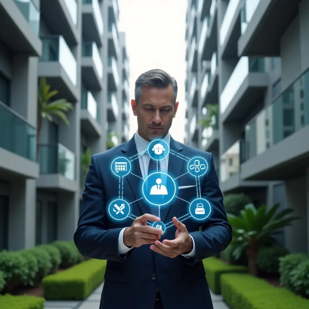 (Ultra-realistic condominium manager in a tailored navy suit, set in a modern luxury condominium environment with high-rise buildings and manicured green landscaping, confidently reviewing a floating holographic dashboard displaying eight management icons, symbolic holograms of communication, finance, maintenance and scheduling around them, cinematic lighting, shallow depth of field, highly detailed textures, realistic skin, photographic realism, 8k resolution --ar 1:1 --v 6)