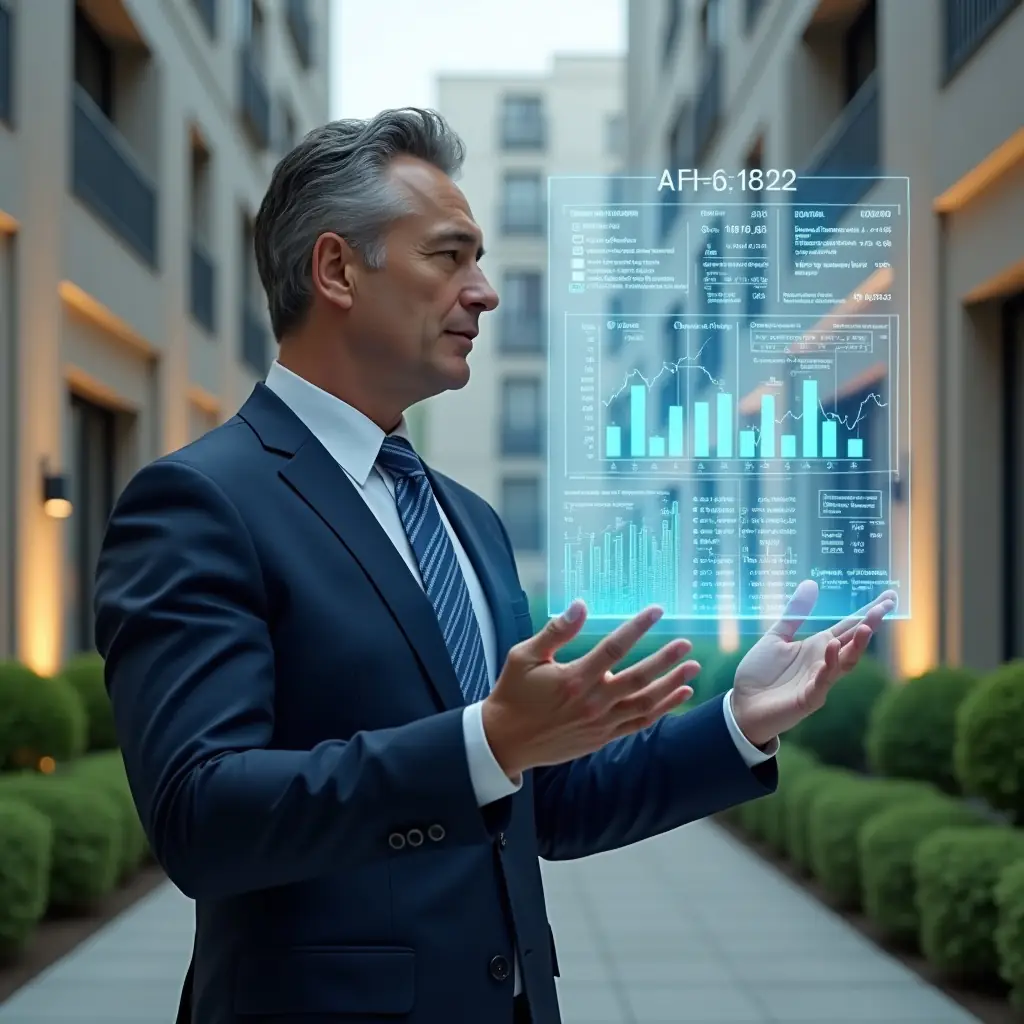 (Ultra-realistic condominium manager in a navy suit, set in a modern luxury condominium environment with high-rise buildings and manicured green landscaping, examining a holographic financial dashboard with floating balance sheets and bar charts, conveying confidence and clarity, cinematic lighting, shallow depth of field, highly detailed textures, realistic skin, photographic realism, 8k resolution --ar 1:1 --v 6)