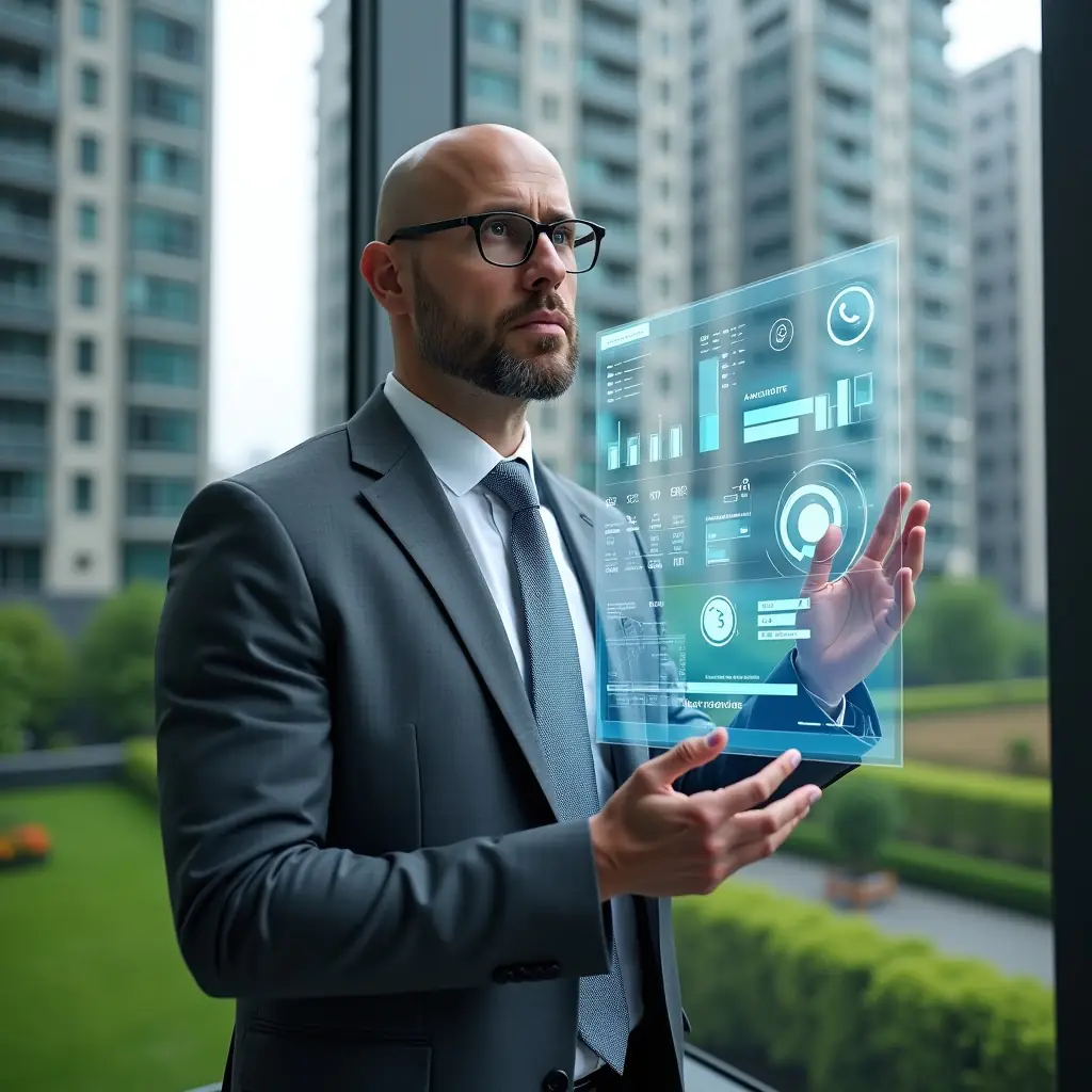 (Ultra-realistic condominium manager in a charcoal gray executive suit, set in a modern luxury condominium environment with high-rise buildings and meticulously maintained green landscaping, holding a transparent holographic dashboard interface displaying financial charts and communication icons, confidently analyzing data, floating digital icons representing automated billing, visitor control and maintenance schedules, cinematic lighting, shallow depth of field, highly detailed textures, realistic skin, photographic realism, 8k resolution --ar 1:1 --v 6)